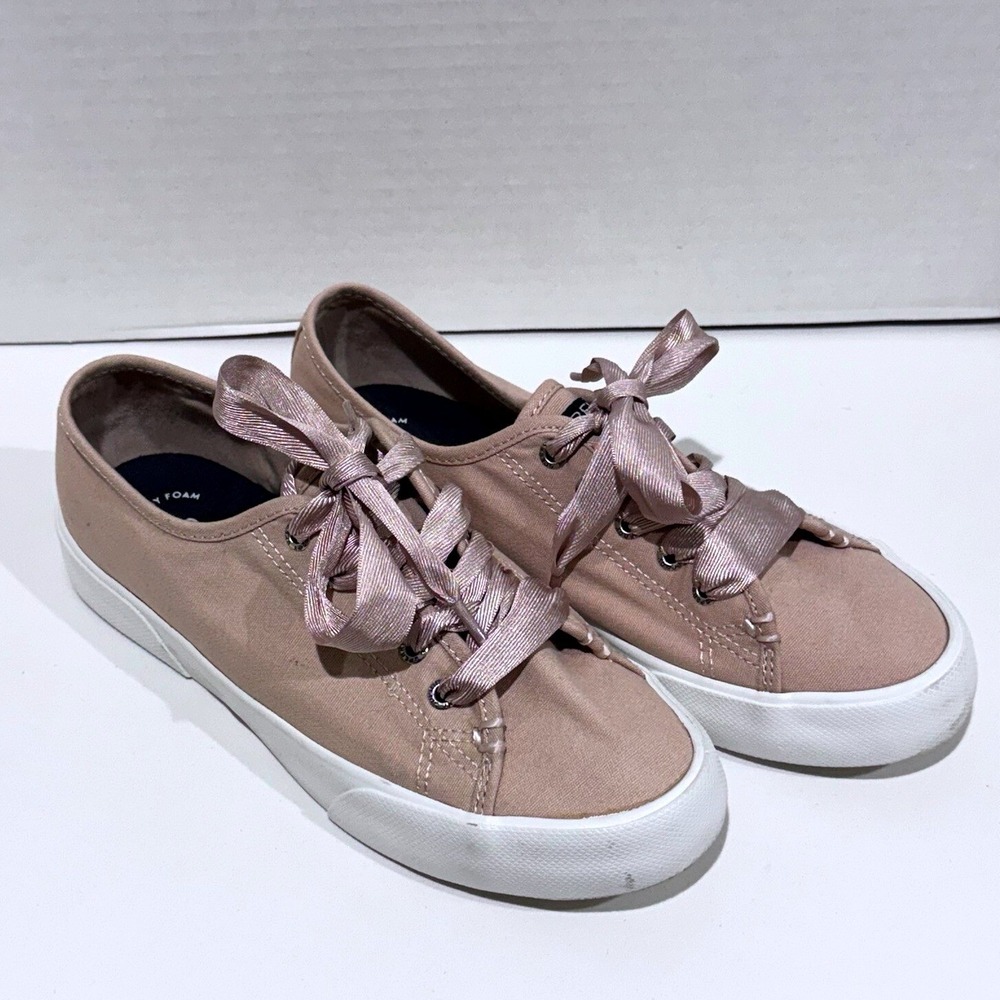 Sperry Top-Sider Crest Vibe‎ Pink Canvas Sneakers Satin Ribbon Laces Womens 9